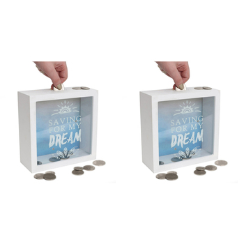 2PK Splosh Saving For My Dream Wood Fund Change Box 18x18cm Square - White