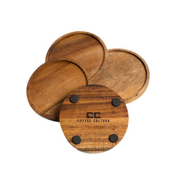 4pc Coffee Culture Acacia Coasters Round 10cm - Brown