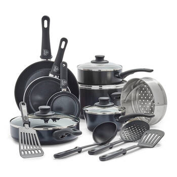 16pc Greenlife Soft Grip Aluminium Pro Cookware Set - Black