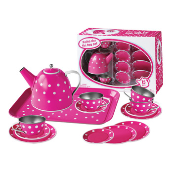 Kaper Kidz White Polka Dot On Pink Tin Tea Set 15Pcs