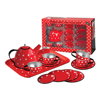 Kaper Kidz Red Polka Dot Black Trim Tin Tea Set 15Pcs