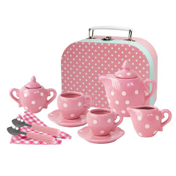 13pc Kaper Kidz Pink Polka Dot Porcelain Tea Set Kids Toy 3y+