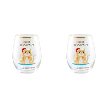 2PK Novelty Christmas On The Naughty List And 600ml Stemless Wine Glass