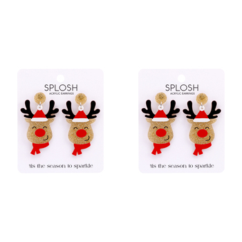 2PK Splosh Christmas Rudolph Drop Earrings Stainless Steel Fashion Jewellery 6.5cm