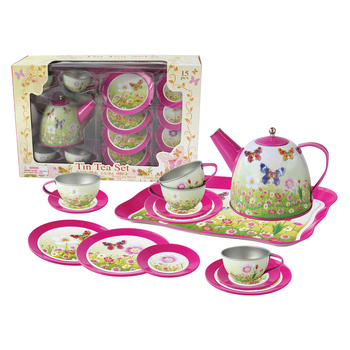 15pc Kaper Kidz Pink Butterfly Kids/Childrens Tin Tea Set 3y+