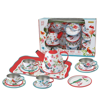 15pc Kaper Kidz Garden Birds Kids/Childrens Tin Tea Set 3y+
