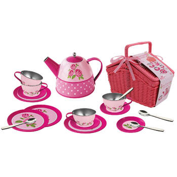 18pc Kaper Kidz Rose Tin Tea Set w/ Picnic Basket Kids Pretend Play Toy 3y+
