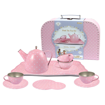 15pc Kaper Kidz Pink Kids/Childrens Tin Tea Set In Suitcase 3y+