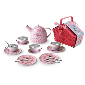 18pc Kaper Kidz Floral Tin Tea Set In Picnic Basket 18Pcs
