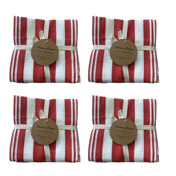 4x3pc CDSI Eleanor Tea Towel Striped Recycled Cotton Set Red 50x70cm