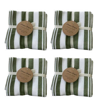 4x3pc CDSI Eleanor Tea Towel Striped Recycled Cotton Set Olive 50x70cm