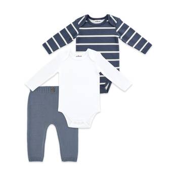 3pc The Peanutshell Baby Long Sleeve Bodysuits & Knitted Leggings Blue