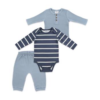 3pc The Peanutshell Baby Buttoned Top & Pant W/ Striped Bodysuit Ribbed Blue
