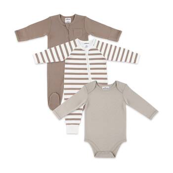 3pc The Peanutshell Baby Footed & Footless Stripped Romper W/ Bodysuit Brown