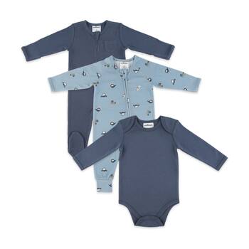 3pc The Peanutshell Baby Footed & Footless Vehicles Romper W/ Bodysuit Navy