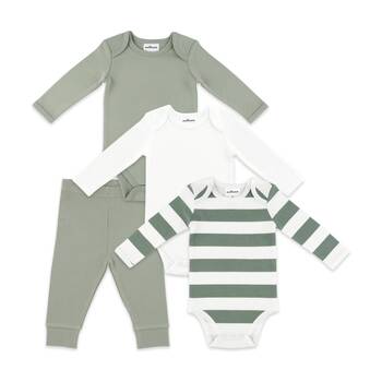 4pc The Peanutshell Baby Long Sleeve Bodysuit & Leggings Cotton Green/Cream