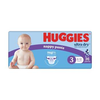 36pc Huggies Ultra & Rapid Dry Nappy Pants Size 3 Boys 6-12kg