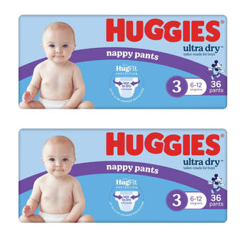 2x 36pc Huggies Ultra & Rapid Dry Nappy Pants Size 3 Boys 6-12kg