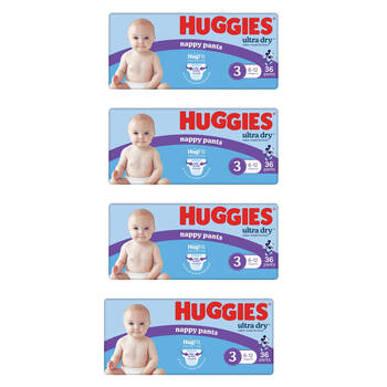 4x 36pc Huggies Ultra & Rapid Dry Nappy Pants Size 3 Boys 6-12kg