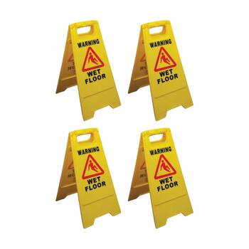 4PK Edco Lightweight & Compact Contractor Wet Floor Sign Yellow 61x29x32cm