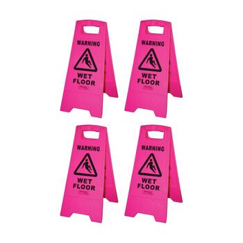 4PK Edco Lightweight & Compact Contractor Wet Floor Sign Pink 61x29x32cm