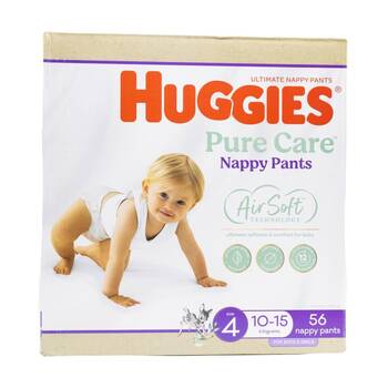56pc Huggies Pure Care Air Soft Nappy Pants Size 4 Boys & Girls 10-15kg