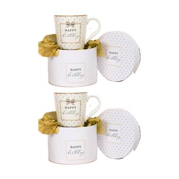 2PK Madelaine Birthday Fine China Coffee Mug w/ Gold Rim Bow Pink