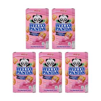 5PK Meiji Hello Panda Biscuits Strawberry Flavoured Filling Treat 47g