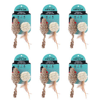 6x 2pc Paws And Claws Cara Cat Chenille Rattle Play Toy Set 7x3x3cm Assorted