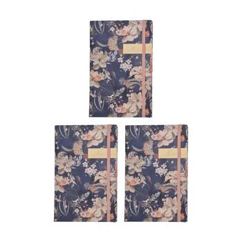 3PK Zara A5 Notebook Navy Blue Floral Design w/ Peach Accents & Elastic