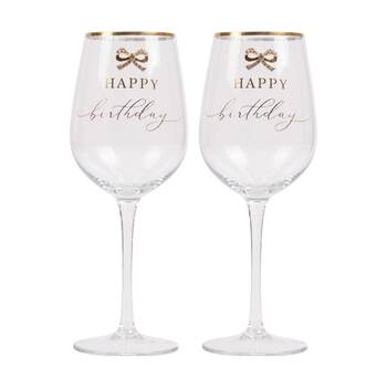 2PK Madelaine Birthday Script Bow Champagne/Red Wine Glass Stemmed Clear Gold
