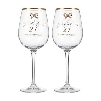2PK Madelaine 21st Script Bow Champagne/Red Wine Glass Stemmed Clear Gold