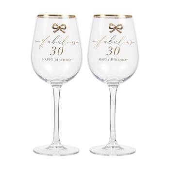 2PK Madelaine 30th Script Bow Champagne/Red Wine Glass Stemmed Clear Gold