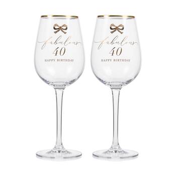 2PK Madelaine 40th Script Bow Champagne/Red Wine Glass Stemmed Clear Gold