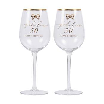 2PK Madelaine 50th Script Bow Champagne/Red Wine Glass Stemmed Clear Gold