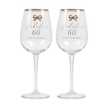 2PK Madelaine 60th Script Bow Champagne/Red Wine Glass Stemmed Clear Gold