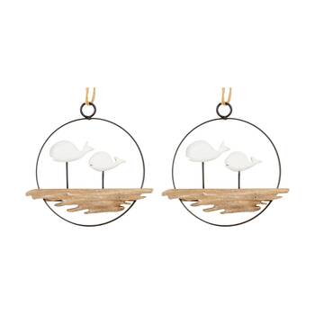 2PK 12cm Timber Ring Wall-Mount Hanging Home Decor Whale/Bird Assorted