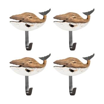 4PK Indoor/Outdoor Home Decor Timber Whale Wall-Mount Hanging Hook 14x14x4.5cm