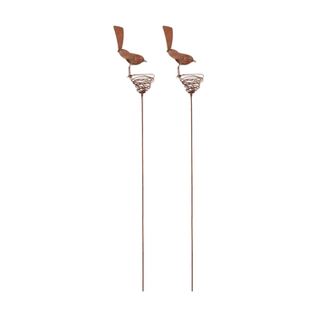 2PK Pre-Rusted Metal Garden Lawn Wren On Nest Stake Ornament Brown
