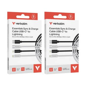 2x 2pc Verbatim Essential Cable USB-C to Lightning MFi 1m Black/White