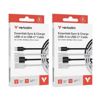 2x 2pc Verbatim Essential Cable USB-A to USB-C Phone Charging 1m Black/White