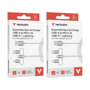 2PK Verbatim Essential 3-in-1 Sync & Charge Cable USB-A to Micro-B USB-C White
