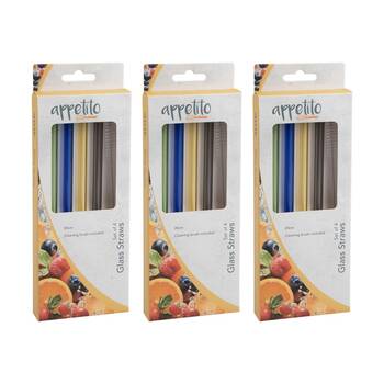 3x 4pc Appetito Borosilicate Glass Straw Set Straight 20cm Multi-Coloured