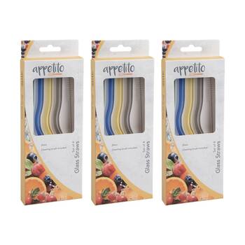 3x 4pc Appetito Borosilicate Glass Straw Set Wiggly 20cm Multi-Coloured