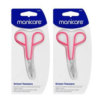 2PK Manicare Stainless Steel Tip Scissors Tweezers W/ Ergonmic Handles Pink