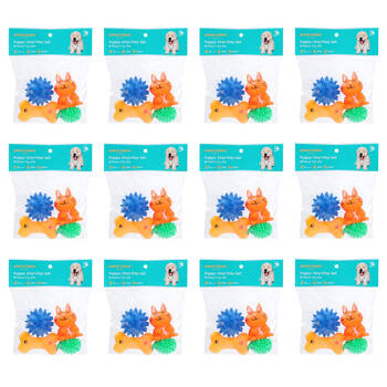 12x 4pc Paws And Claws Vinyl Play Puppy/Dog Chew/Squeaker Toy Set Multicoloured