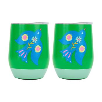 2PK Annabel Trends Drink Tumbler Double Walled Green & Blue Fiesta Bird 350ml