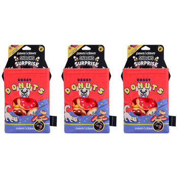 3x Paws And Claws Snack Surprise Doggy Donuts Pet Dog Chew Squeaker Toy 20x14.5x5cm