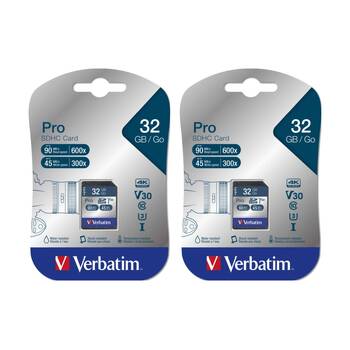 2PK VERBATIM Pro SDHC High Capacity Card UHS-I Reads 90MB/S Wires 45MB/S 32GB