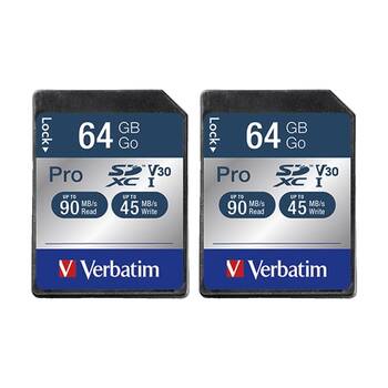 2PK VERBATIM Pro SDHC High Capacity Card UHS-I Reads 90MB/S Wires 45MB/S 64GB